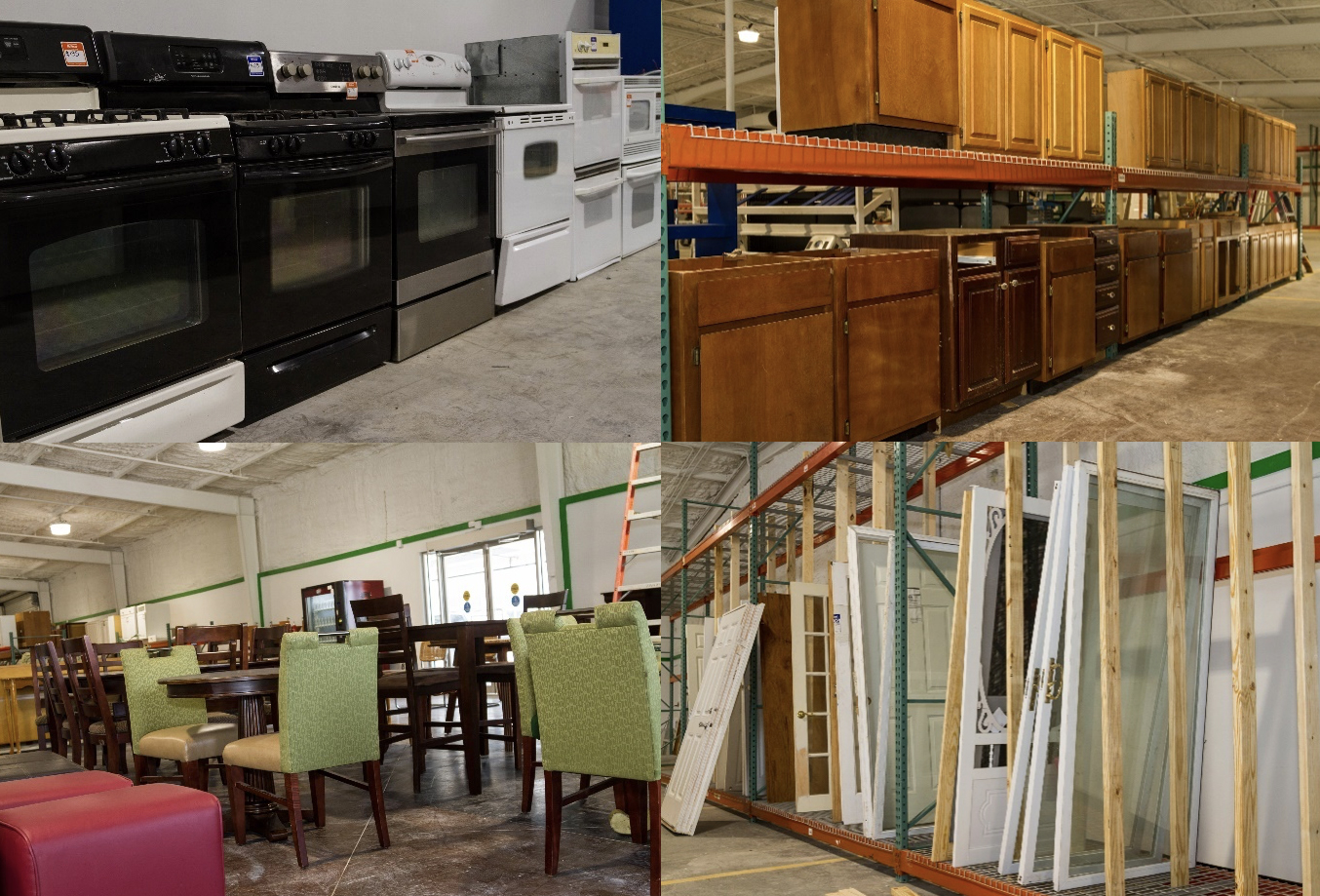 collage of restore photos including stoves, cabinets, chairs and tables, and doors